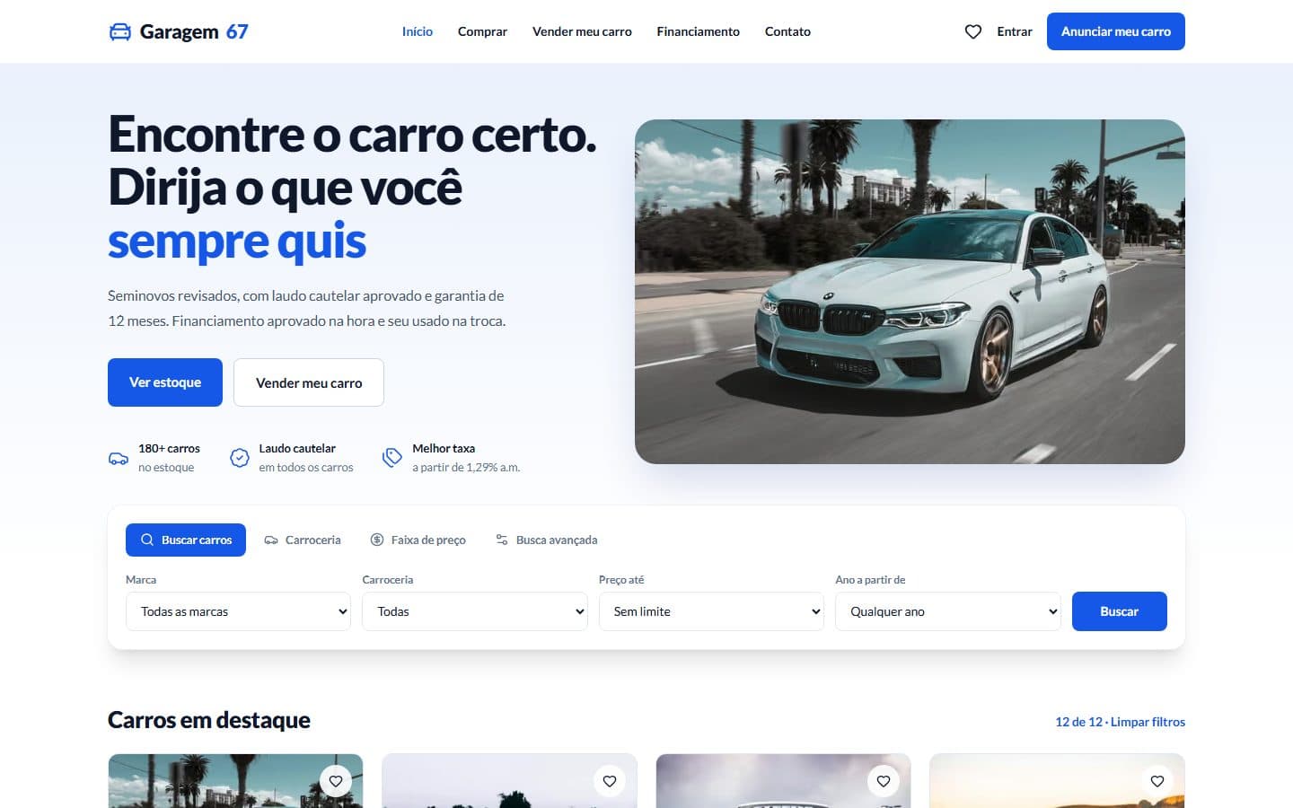 Primeira tela do site Garagem 67