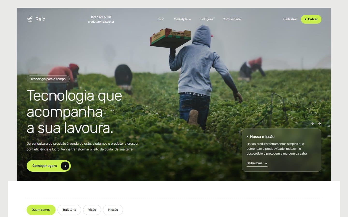 Primeira tela do site Raiz