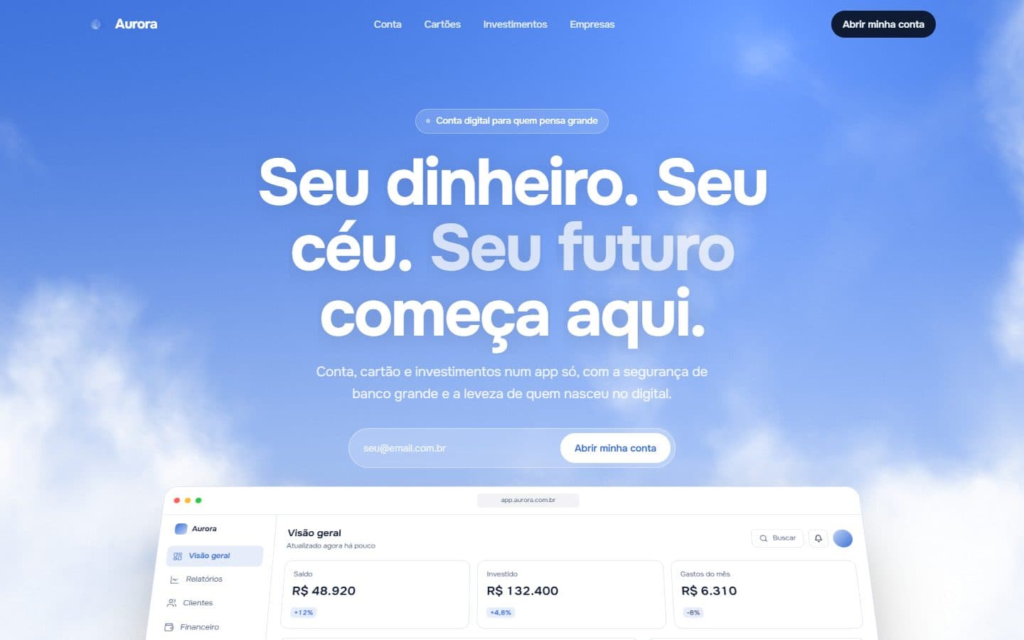 Primeira dobra da landing Aurora