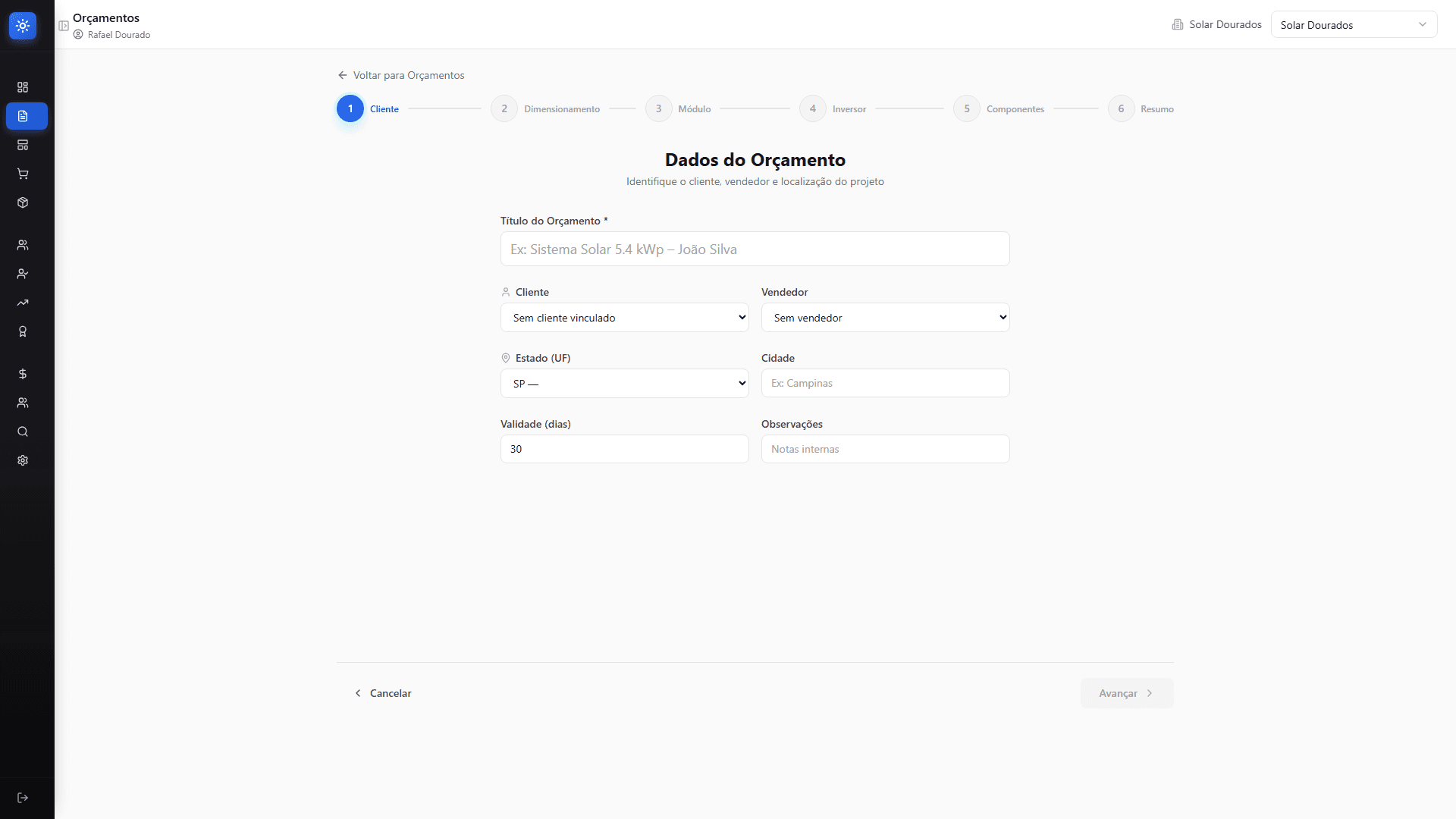 ERP Solar: Wizard de dimensionamento